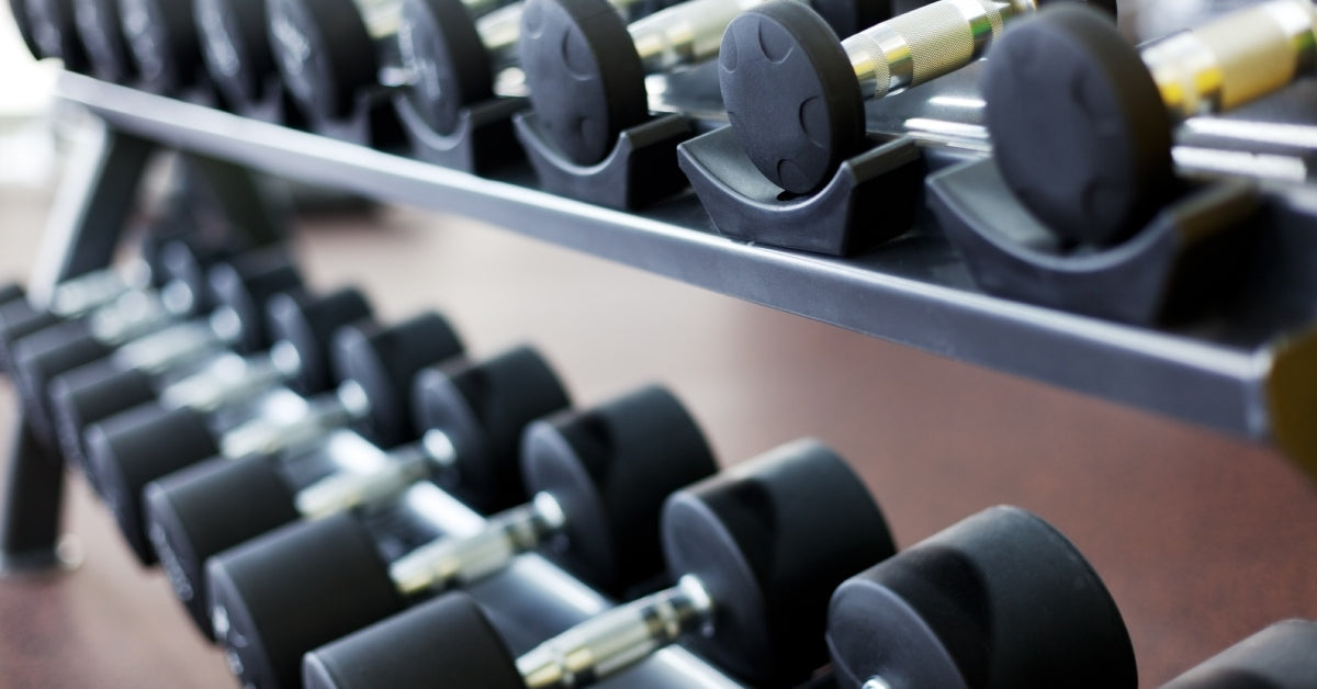 A weight rack with two shelves and numerous dumbbells filling each row. The dumbbells increase in size from right to left.